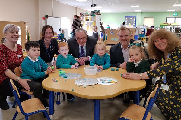 Cllr Wayne Daley and Dean Jackson with teachers in Bedlington