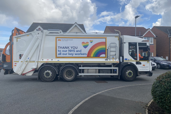 Large bin wagon with rainbow banner