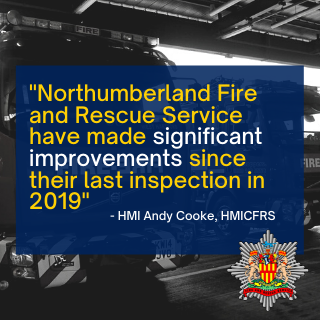 Image of fire engines with text 'Northumberland Fire and Rescue Service have made significant improvements since their last inspection in 2019