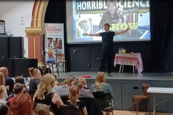 Author Nick Arnold captivates audience on stage at his Horrible science show 