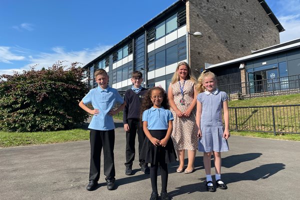 Headteacher and pupils at Haltwhistle Primary Academy
