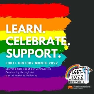 Pride flag colours with heading that reads 'Learn. Celebrate. Support. LGBT+ History Month 2022'