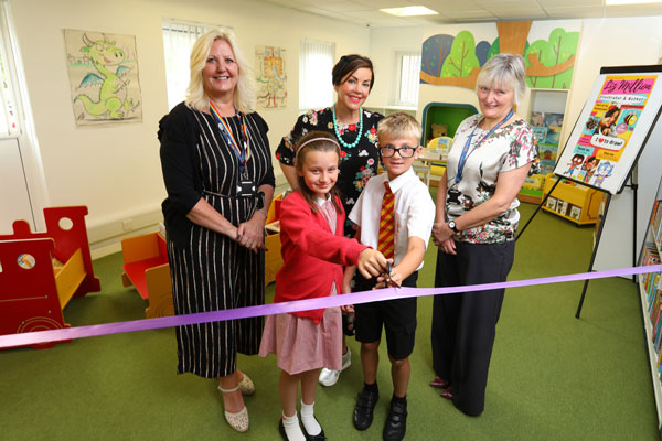 Interim Executive Director of Education at Northumberland County Council, Maureen Taylor, Illustrator, Liz Million and Head of Service for Libraries, Alison Peaden, with pupils from St Bede’s Catholic