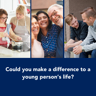 Three different family groups. A women and a girl cook food on a hob. An elderly couple smile while hugging a teenager. A Man sits and chats with an adolescent boy. 