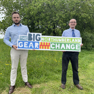 Councillors Wojciech Ploszaj and John Riddle promoting the Big Northumberland Gear Change funding