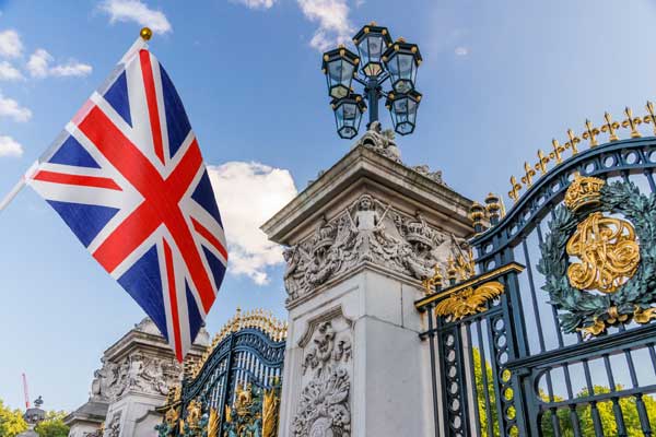 Buckingham Palace and a Union flag