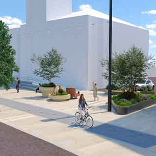 Artist impression of Bridge St Improvements enhancing public realm and connectivity in front of the historic Blyth Library.