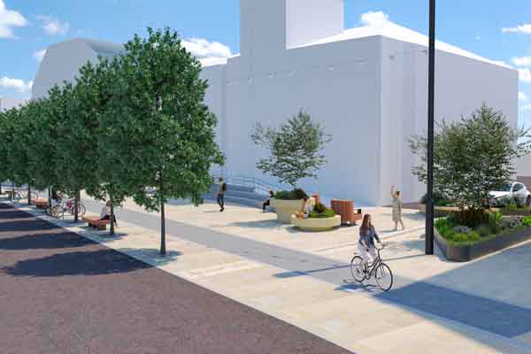 Artist impression of Bridge St Improvements enhancing public realm and connectivity in front of the historic Blyth Library.