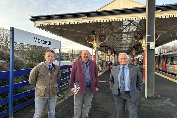 Councillor Richard Wearmouth, Dennis Fancett and Council Leader Glen Sanderson at Morpeth Rail Station