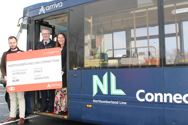 Councillors and Arriva staff at the launch of the new Northumberland Line branded bus in Ashington