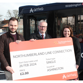 Councillors and Arriva staff at the launch of the new Northumberland Line branded bus in Ashington