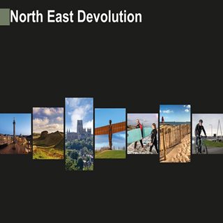 A graphic stating North East devolution showing regional landmarks