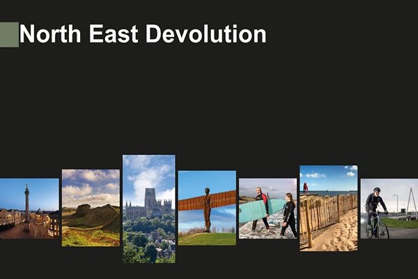 A graphic stating North East devolution showing regional landmarks