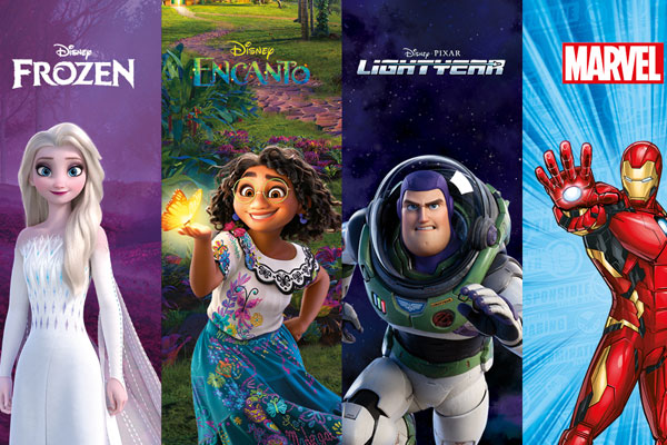 characters from Frozen, Ecanto, Lightyear and Marvel