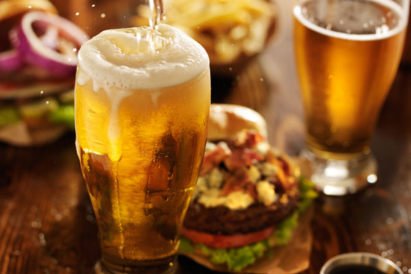 beer and burger on a table
