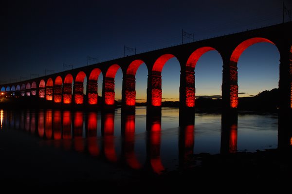 Berwick Border Bridge lit in red
