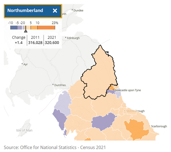 Map showing Northumberland population change 2011 to 2021