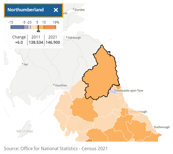Map showing change in household numbers in Northumberland 2011 to 2021