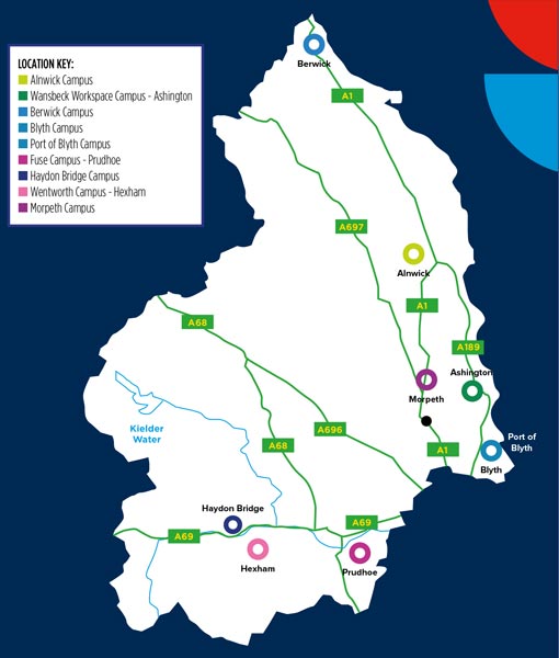 Map of the campuses around Northumberland
