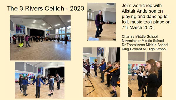 Text saying The 3 Rivers Ceilidh. Has a few images of music being played and dancing from students.