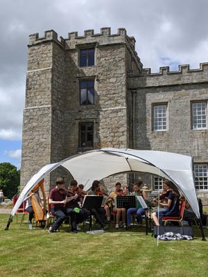 The band performing under some shade