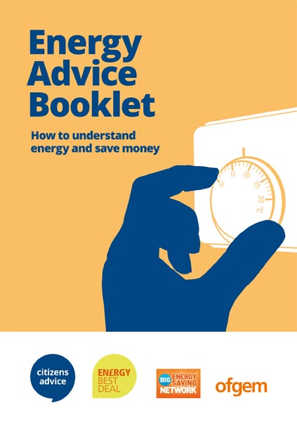 Front cover of a leaflet. Text: Energy Advice Booklet. Click here to go to the Citizen's Advice Energy Advice Booklet.